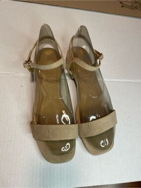 LC Lauren Conrad Nude Beige Clear Strap Block Heel Sandals